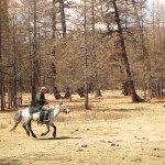 Young boy riding a horse in northern Mongolia
